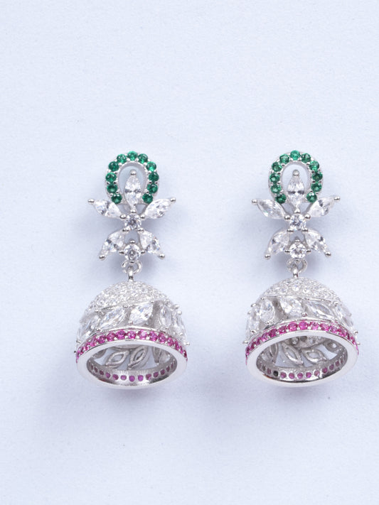 Amee Chic Pink & Green Jhumka Silver Earrings